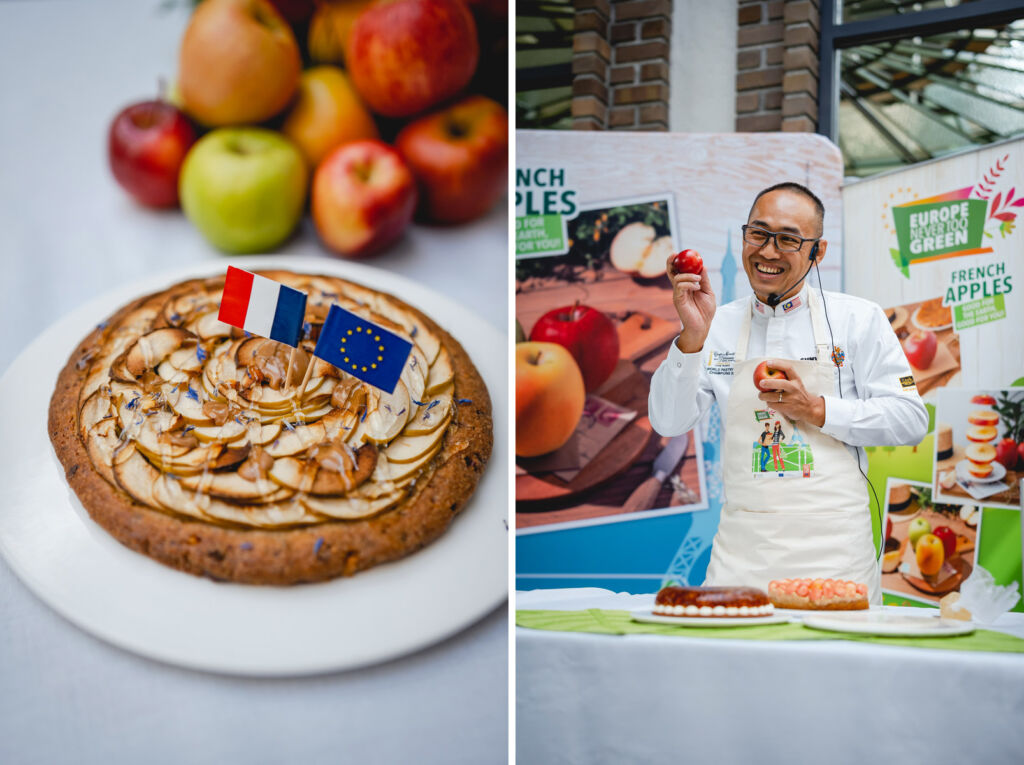Two photographs, one of Chef Patrick, the other of one of his pastry tarts made with apples