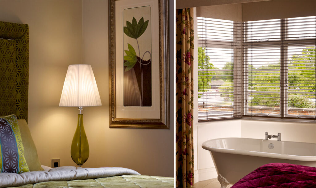 Two photographs, one showing the bedroom décor, the other of the roll top bath