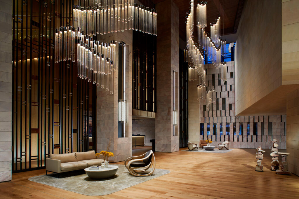 The hotel lobby with its cascading glass lights