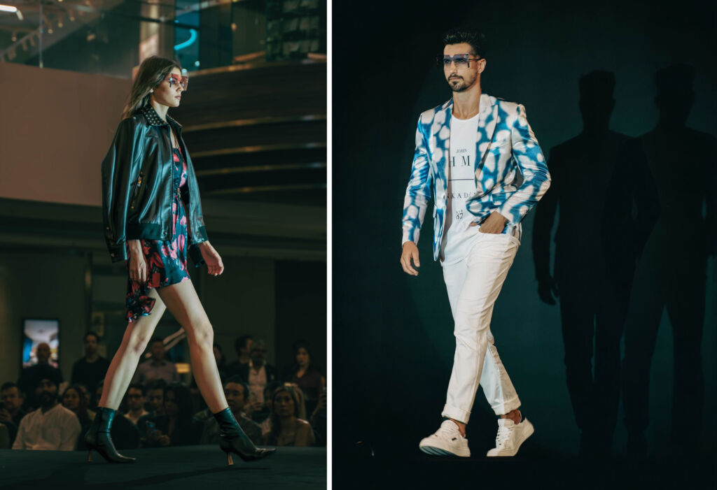 Two photos of models on the runway wearing items from the new collection