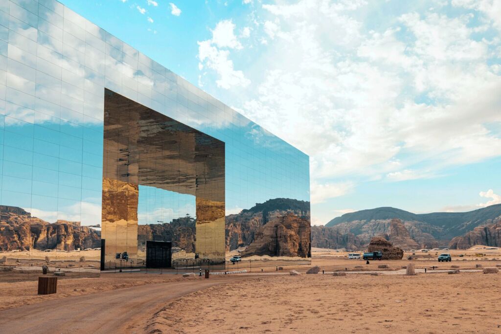 A mirrored monument in the desert