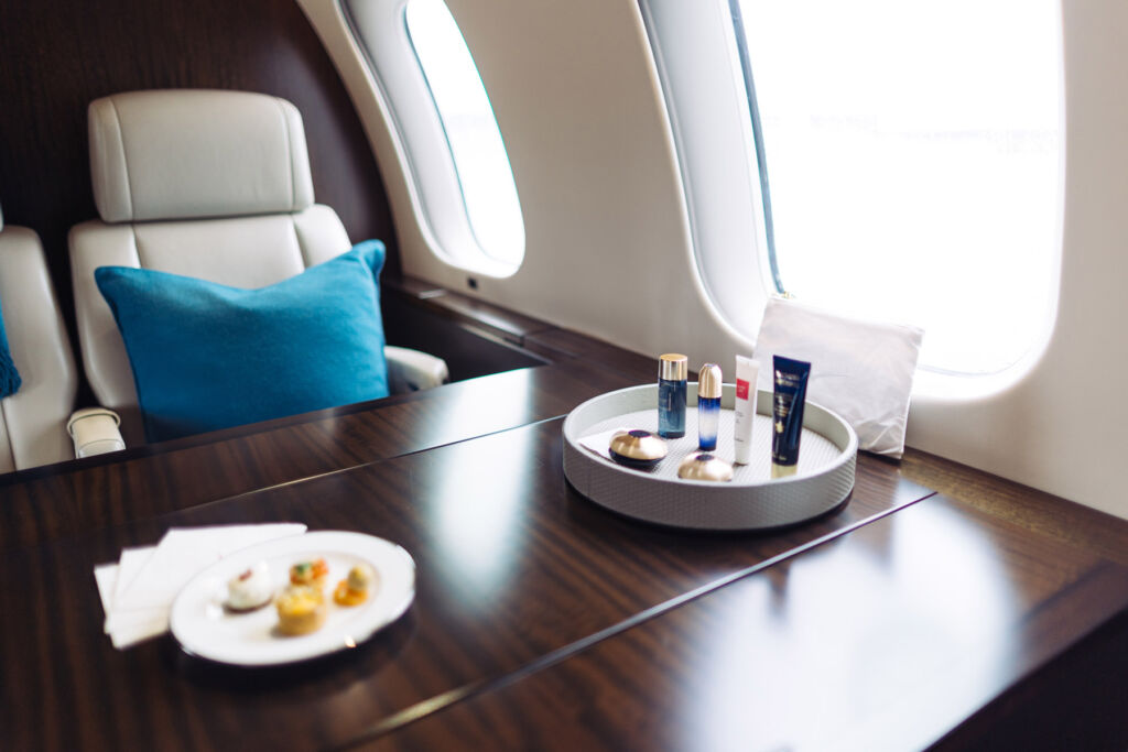 A selection of the wellness products and canapes waiting for guests on-board the jet