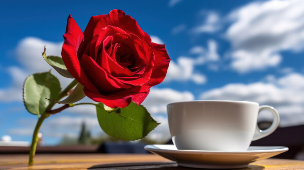 A cup of tea next to a red rose