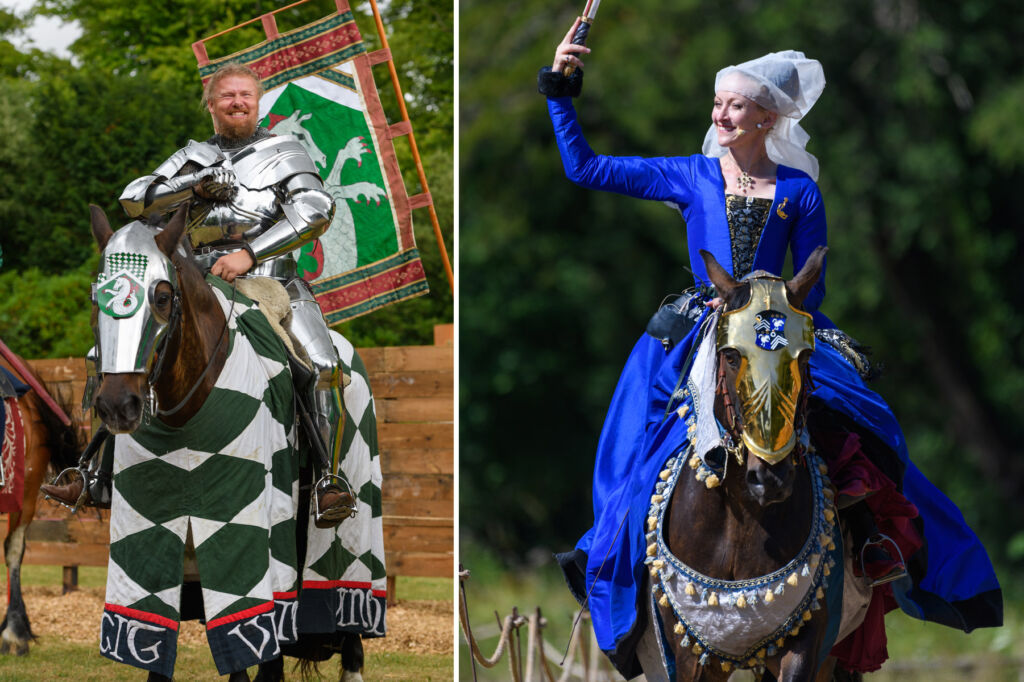 Two photographs, one of the knights on horseback, the other of one of the maidens riding a horse