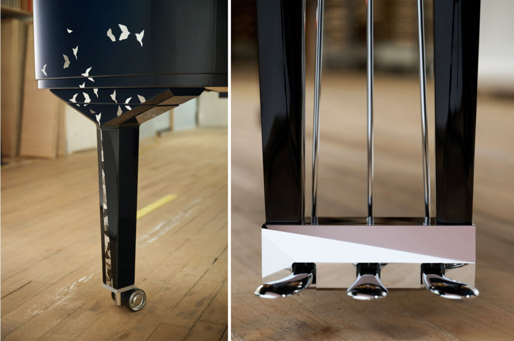 Steinway & Sons Unveil the Philharmonie de Paris Limited Edition Piano 10 Two photographs, one showing the rear leg of the piano, the other the foot pedals
