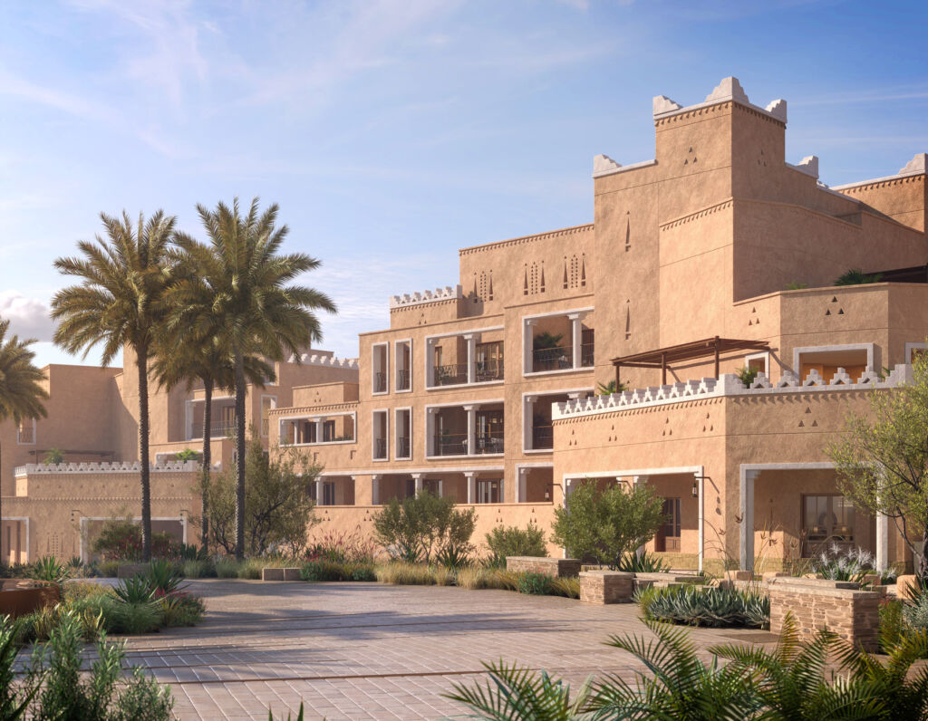 Raffles Residences Diriyah at Cityscape Global in Riyadh Launches 8 A rendering showing the exterior of part of the development