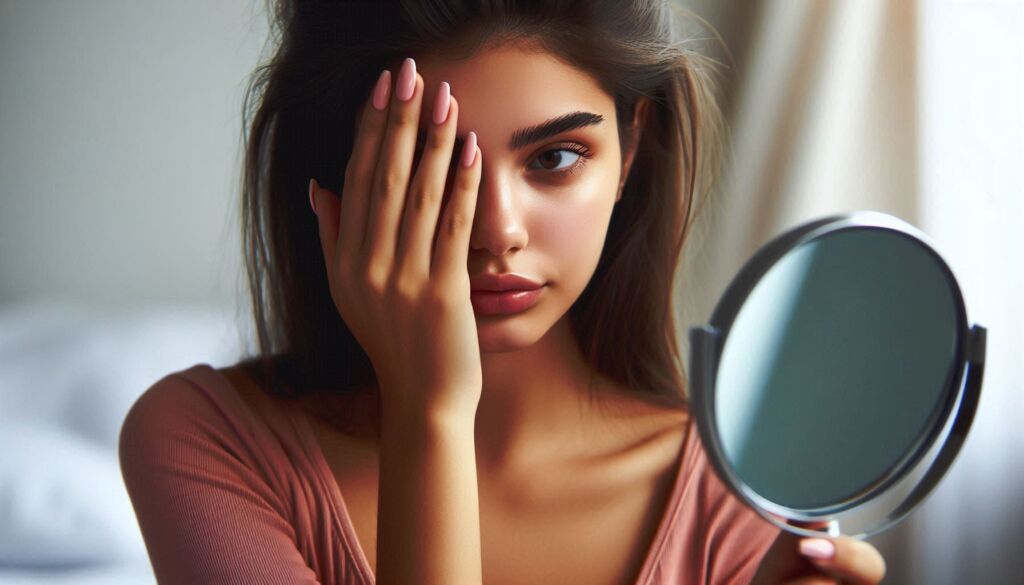 How Straightforward is it to Get a Squint (Strabismus) Corrected? 11 A young woman covering one of her eyes when looking in the mirror