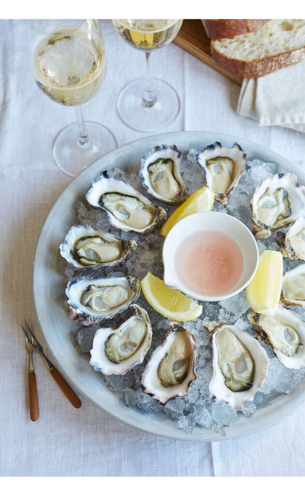Oysters and sliced lemon