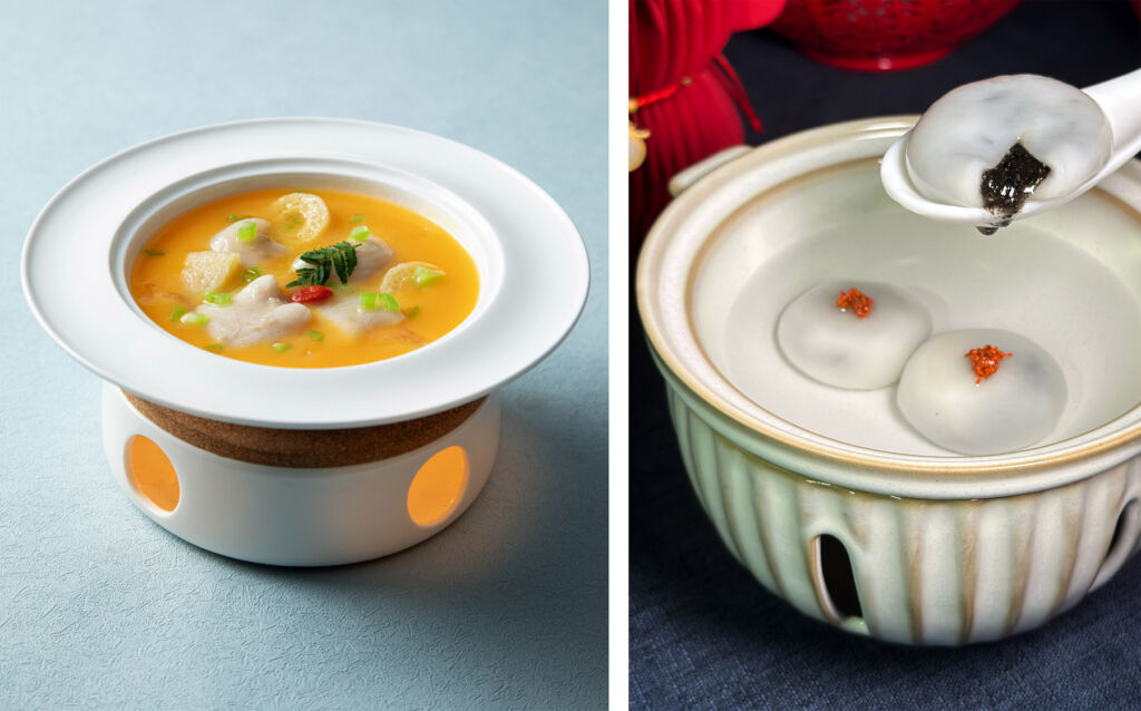 Michelin-starred Yong Fu Hong Kong Unveils its Lunar New Year 2025 Offerings 10 The Yellow Croaker in Sour Broth and a photograph of the Ningo Sesame Glutinous Rice Dumplings