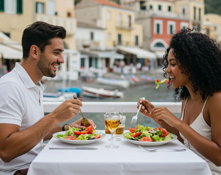 A couple on holiday in the Mediterranean enjoying a salad