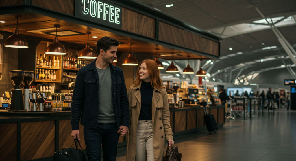 Amerisleep's Dr Jordan Burns Reveals the Ideal Sleep Routine for Flying 7 A couple walking by an airport coffee lounge