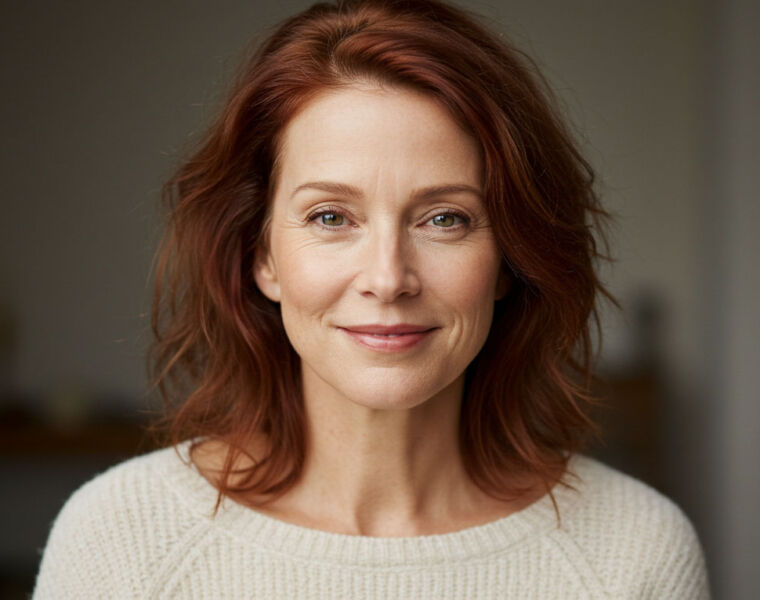 headshot of a middle aged woman not wearing makeup