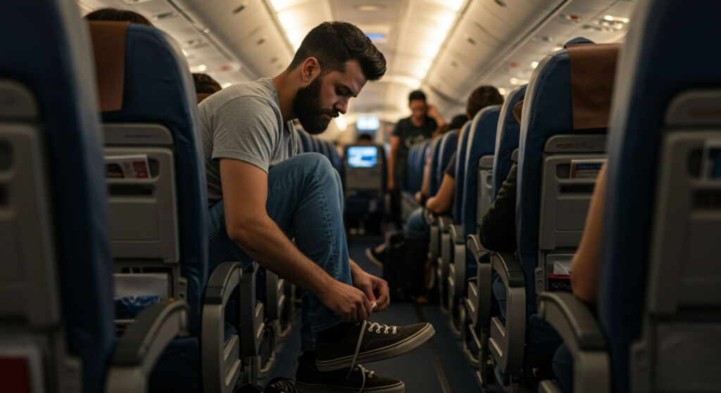 Amerisleep's Dr Jordan Burns Reveals the Ideal Sleep Routine for Flying 8 A man loosening his shoelaces on a flight