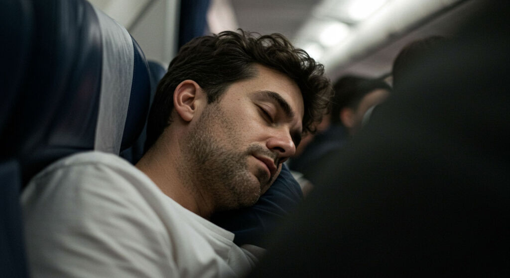 Amerisleep's Dr Jordan Burns Reveals the Ideal Sleep Routine for Flying 9 A man in deep sleep on a flight