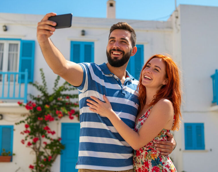 A smiling attractive couple taking a selfie