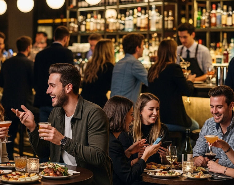 A busy outlet in the evening with patrons enjoying food and drinks