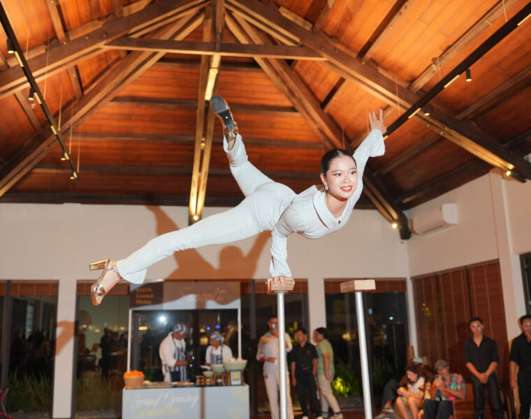 An artist displaying her balance skills to guests