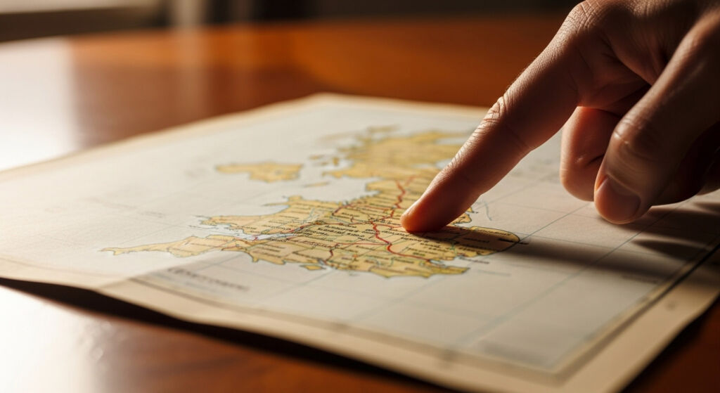 House of Lords Committee Sets Out Vision for Sustainable New Towns Programme 5 A finger pointing to a part of England on a map