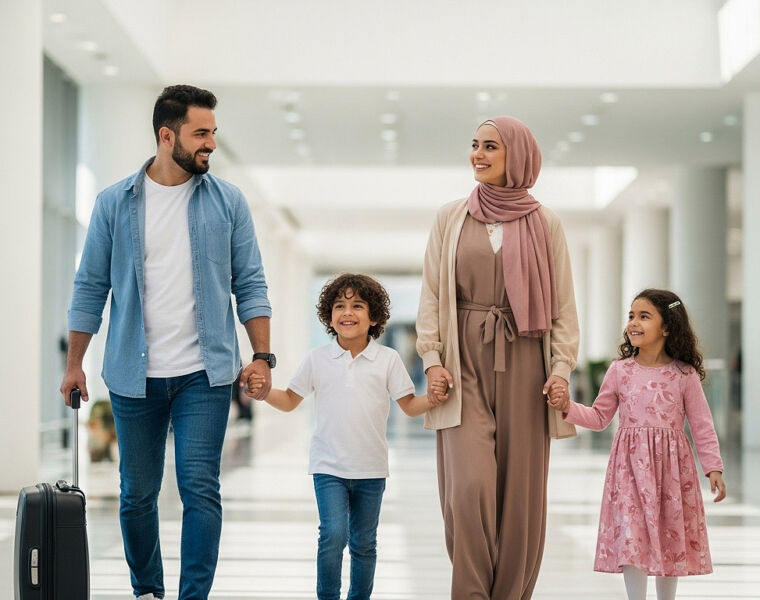 A happy family walking through an airport