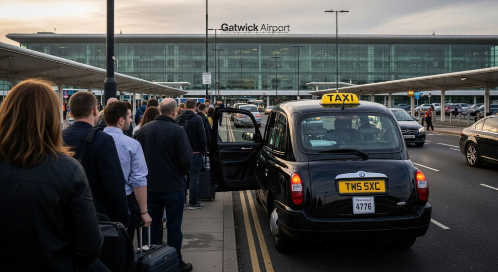 How Gatwick’s Second Runway is Going to Impact Local Property Prices 5 People queuing for a taxi outside the airport