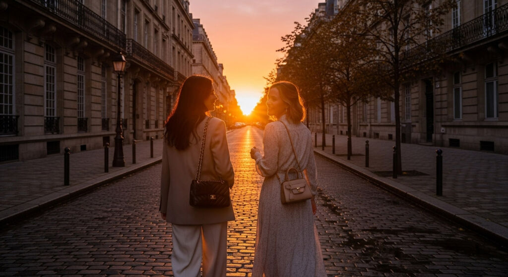 Ladies walking off into the sunset with their handbags