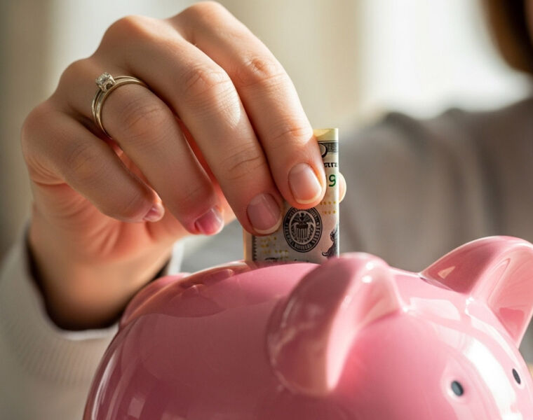 A woman putting an American bank note into a piggy bank