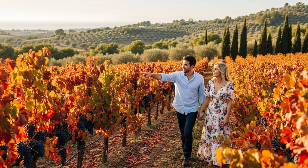 Beyond the Beach, Autumn Hiking Adventures Across the Costa del Sol 17 A couple unwinding with a walk through a vineyard in the Autumn