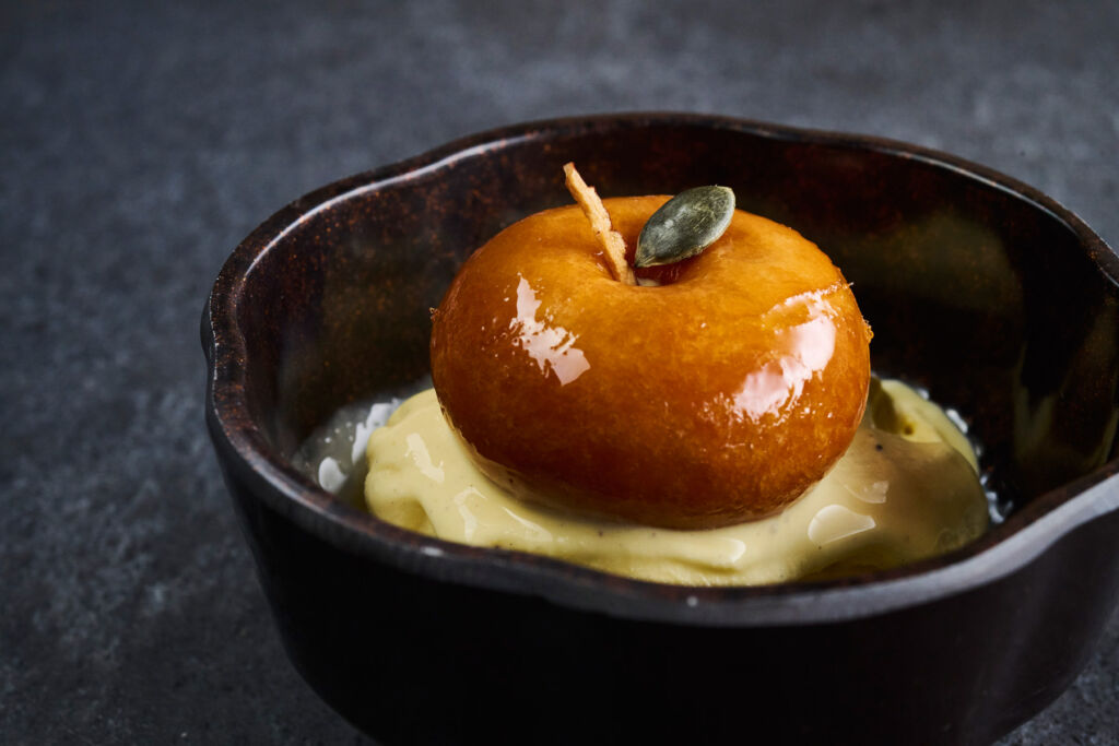 SOOM Brings the Heart of Korean BBQ Culture to London’s Covent Garden 10 A dessert that resembles a caramelised apple on a cream