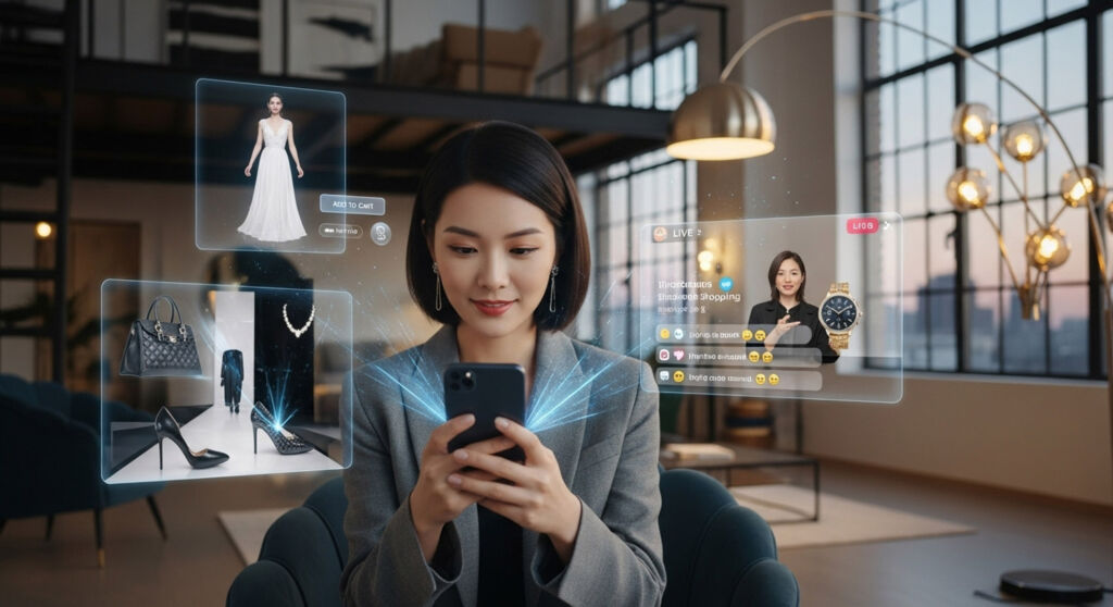 A woman shopping for luxury goods via a mobile phone