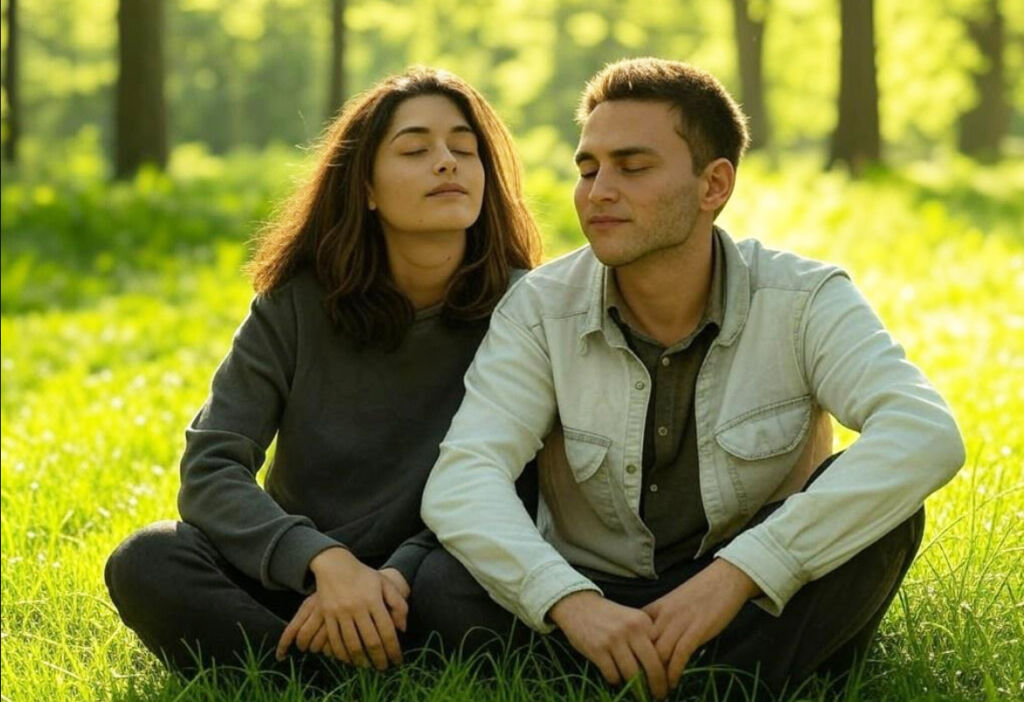 Why the Dolomites and Hotel Granbaita Are the Perfect Couples Retreat 10 A couple sitting down and experiencing the sounds of a forest