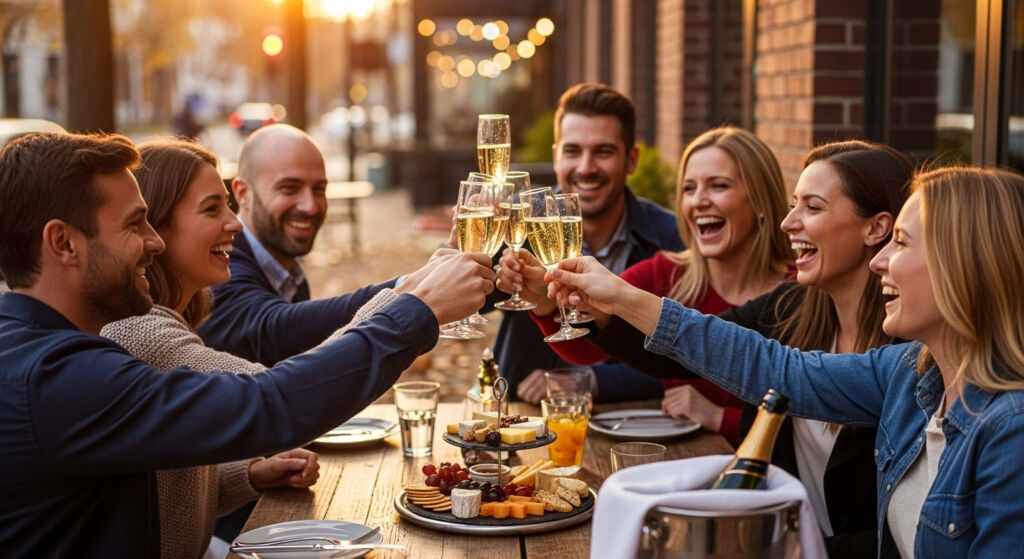 Toasting 300 Years of Sparkle on International Champagne Day 2025 5 A group of friends sitting outdoors making a toast