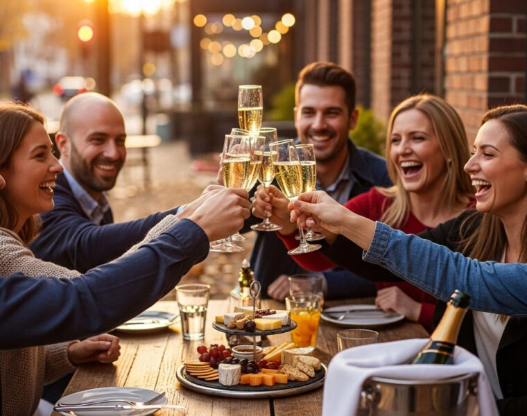 Toasting 300 Years of Sparkle on International Champagne Day 2025 12 A group of friends sitting outdoors making a toast