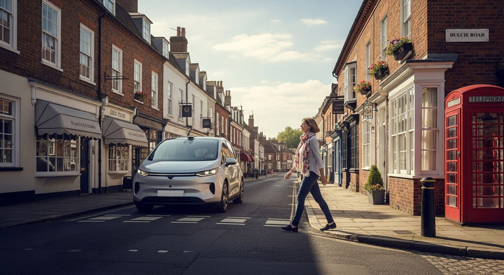 Inside Coventry University’s Study on Self-Driving Cars and Pedestrian Behaviour 7 A woman using a zebra crossing with a driverless car approaching