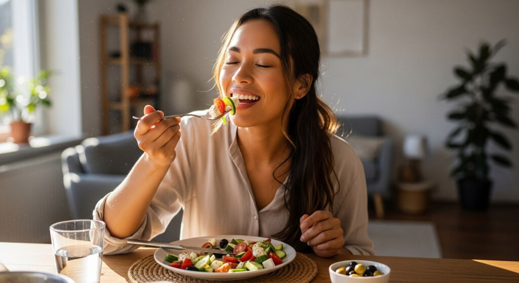 The Art of Slow Eating: Heston Blumenthal’s Take on Mindfulness at the Table 9 A woman taking her time to enjoy a meal