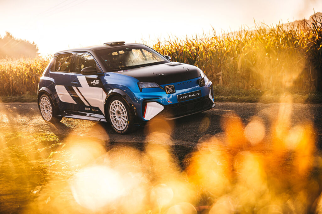 The Alpine A290 Rallye: Where a Rallying Spirit Meets Electric Power 12 The car being driven in a road at sunset