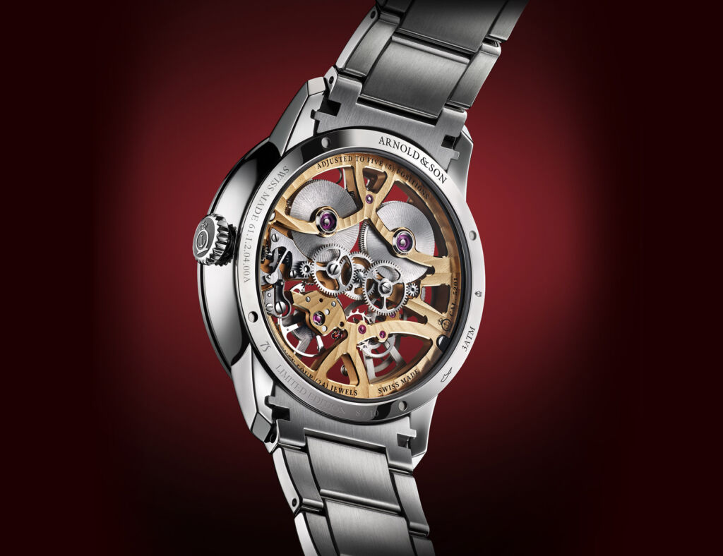 The clear case back showing the movement