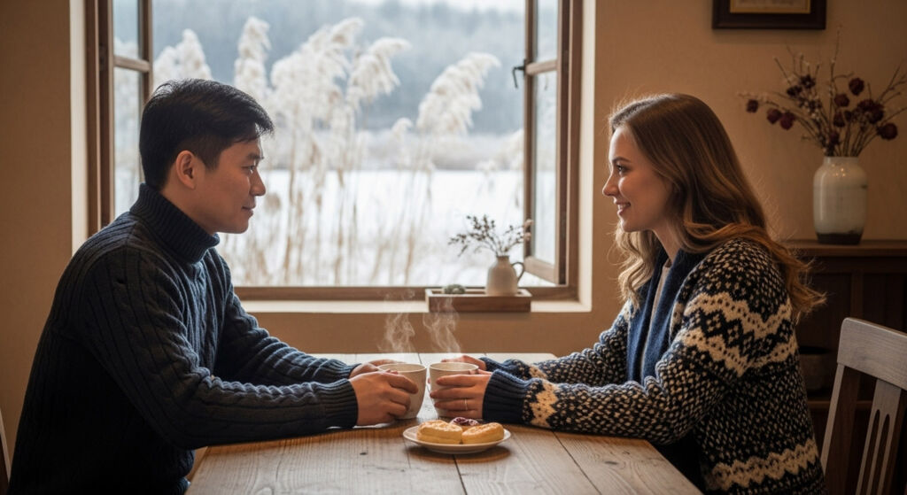 A couple enjoying cups of tea in the winter