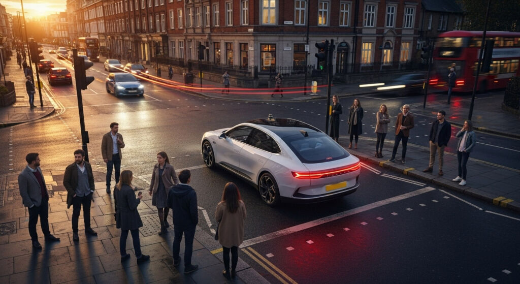 Inside Coventry University’s Study on Self-Driving Cars and Pedestrian Behaviour 9 An autonomous vehicle driving through a busy city street in the evening