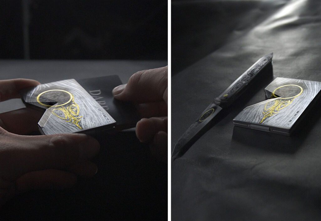 A photograph of a card being taken out of the wallet and one of the knife laid next to the wallet