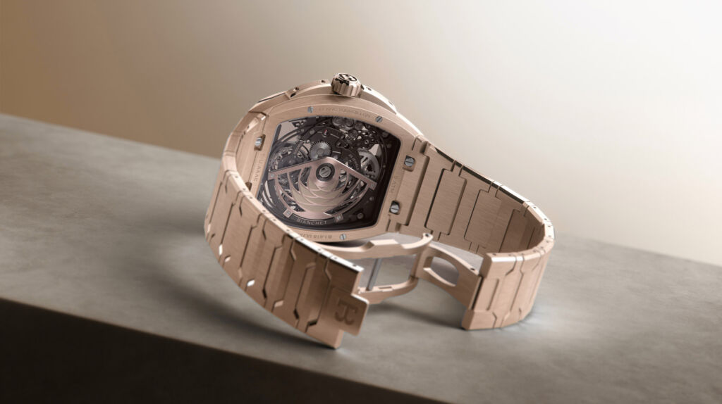The rear of the timepiece showing its movement
