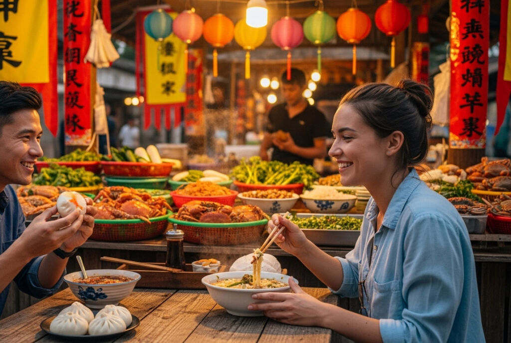 A couple trying crab roe buns in a market