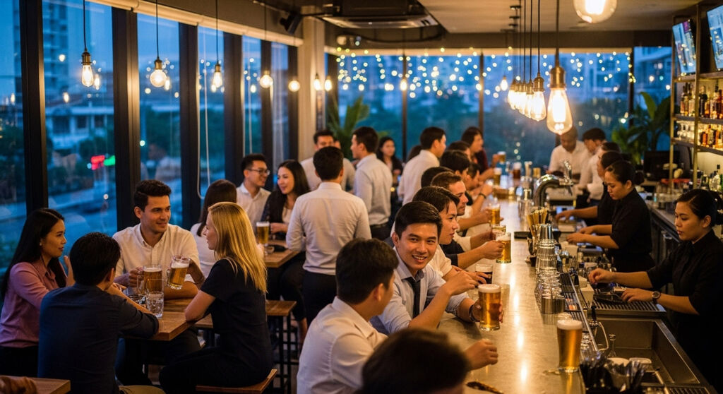 Businesspeople, tourists and locals sharing a drink in a KL bar in the evening