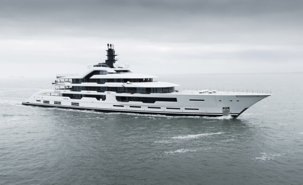 A rendering showing the boat on the sea on a grey cloudy day