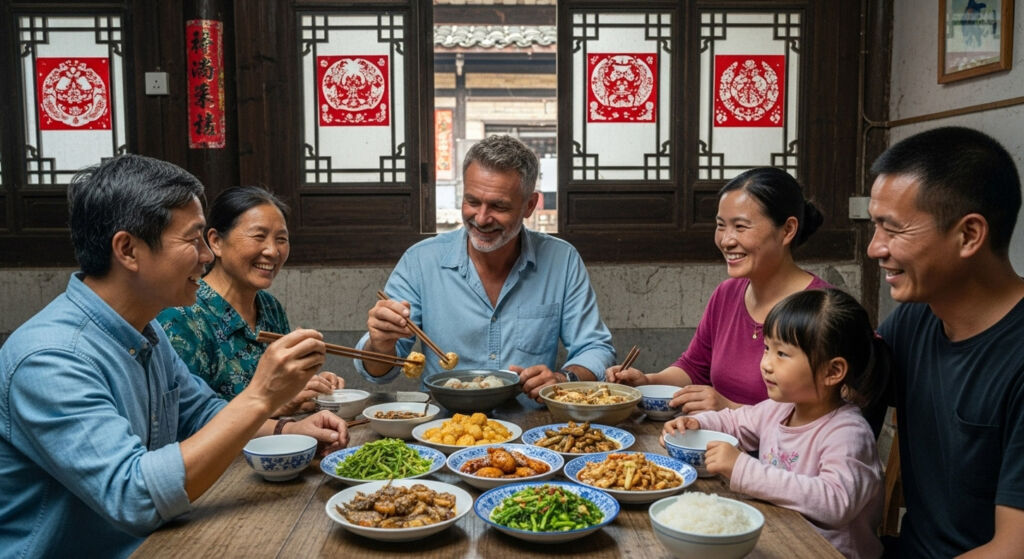A Western tourist trying some local dishes with a family