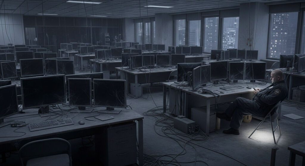 How Americans Interact with News in 2025: From Headlines to Hashtags 6 An empty modern newsroom with a single seated security guard looking at his mobile phone