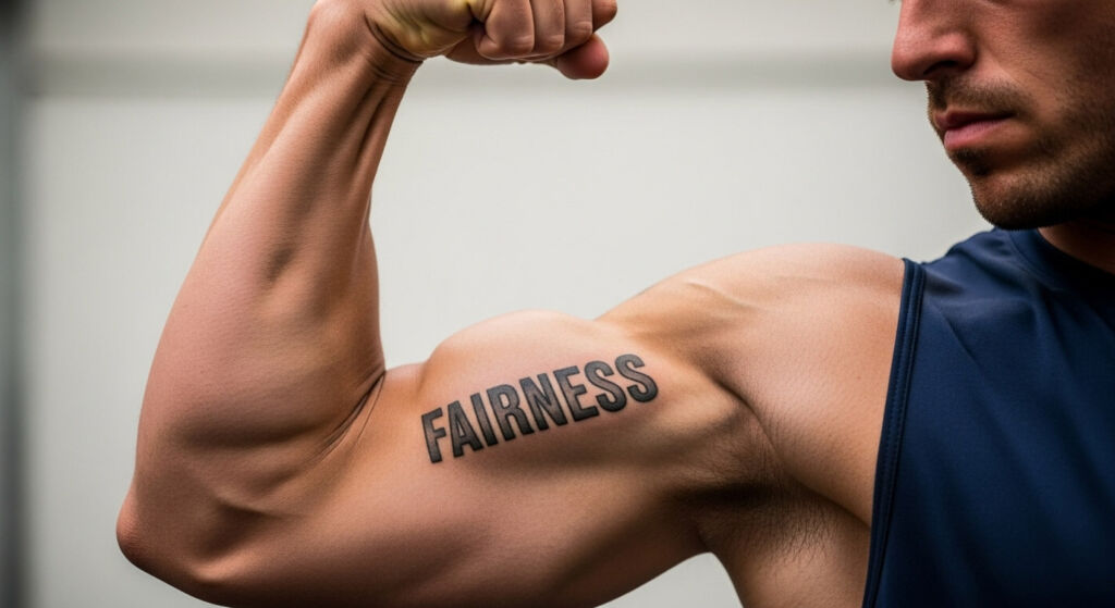 A man flexing his bicep with the word Fairness tattooed on it