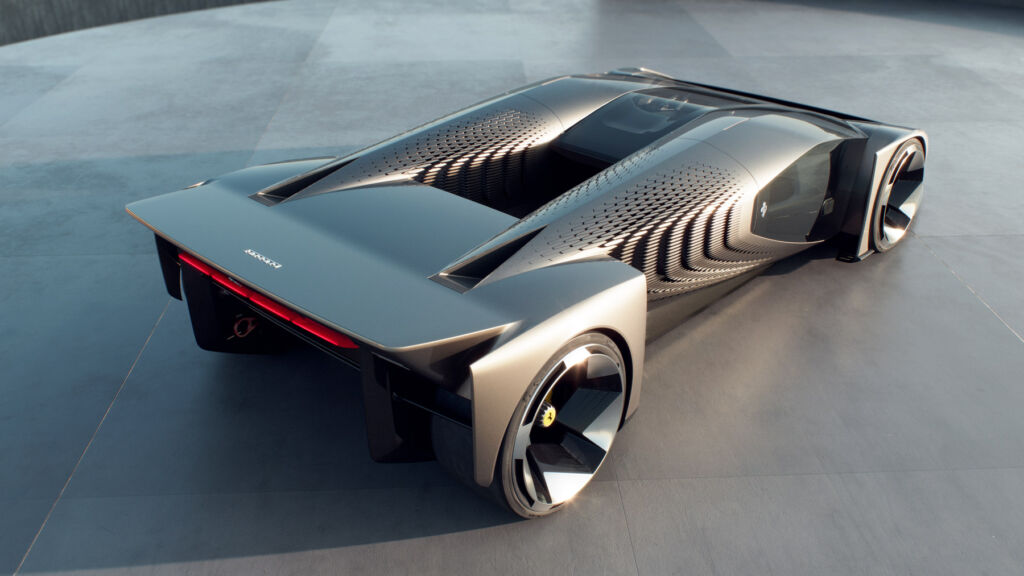 A rendering showing an elevated three quarter rear view of the hypercar