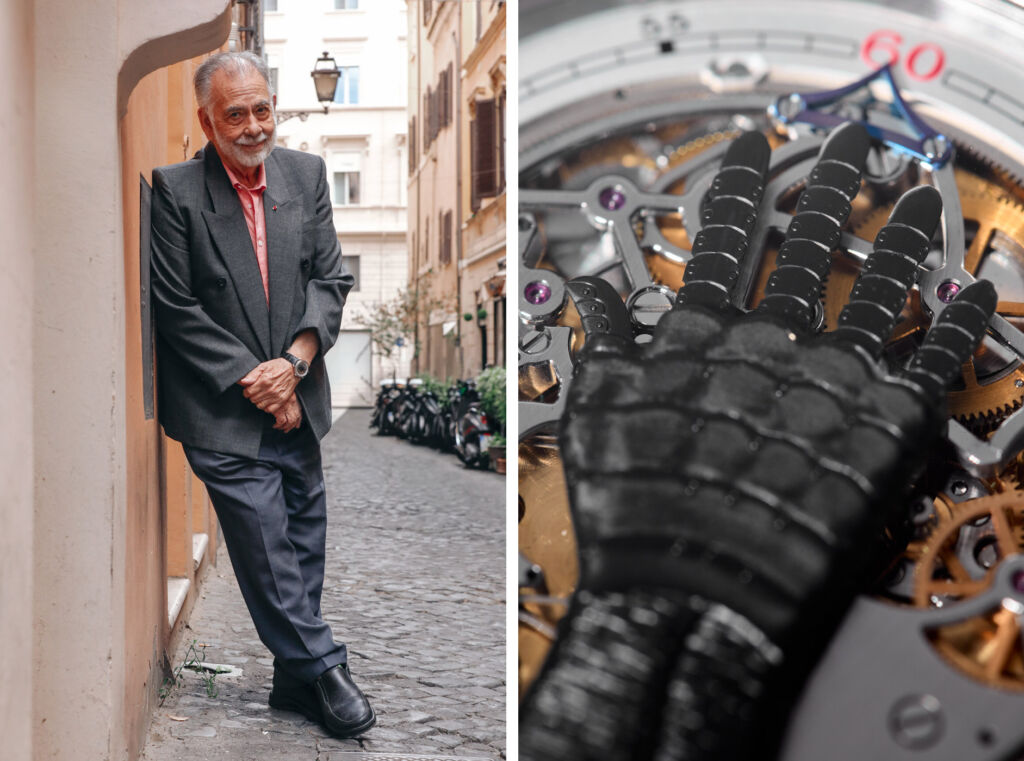 A photograph of the filmmaker wearing the watch in Rome this year and a further photo of the unique hand on the watch face