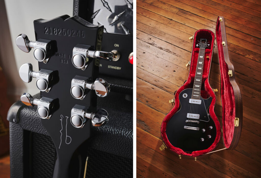 A photograph of the headstock and one of the guitar in its case