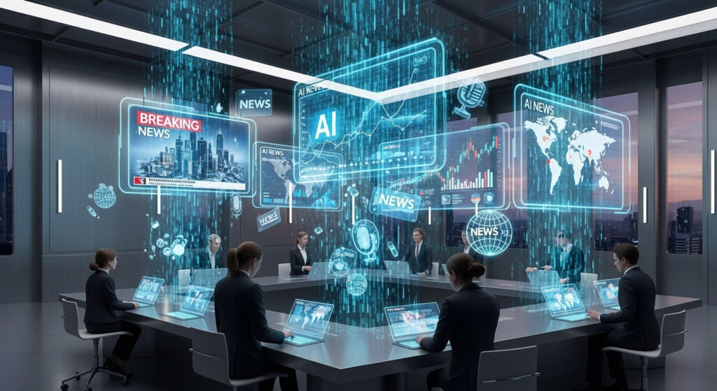 How Americans Interact with News in 2025: From Headlines to Hashtags 7 A futuristic newsroom drawing AI powered news stories and information